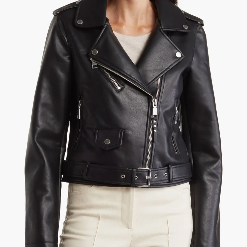 NWT Rebecca Minkoff Crop Faux Leather Moto Jacket in Black Size Mediun
